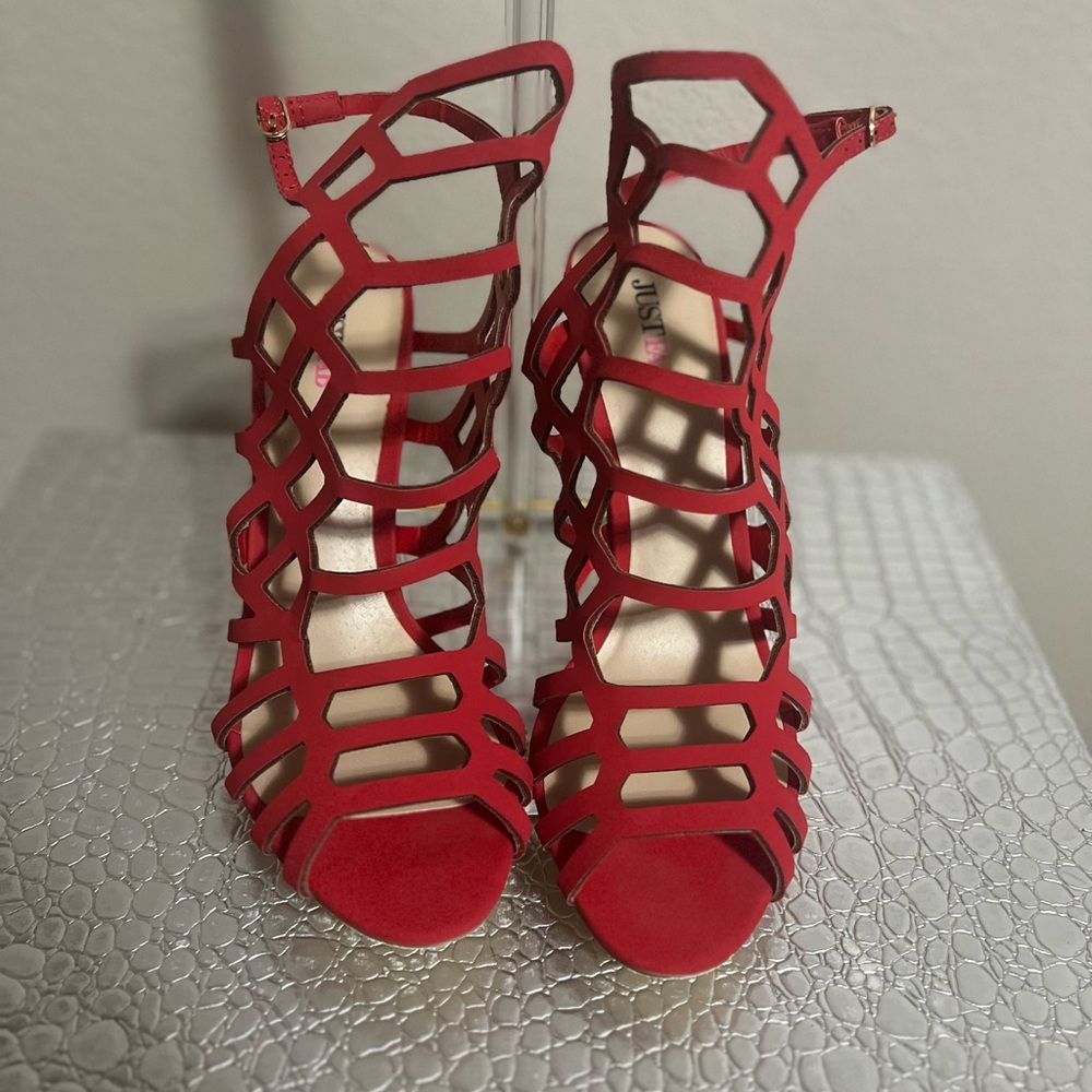 JustFab Red Cage Cutout High Heel Sandals Ankle Strap Statement  DATE NIGHT